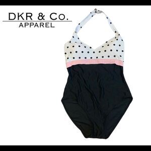 𝅺POLKADOT halter top one piece swimsuit Sz 12 Black white pink